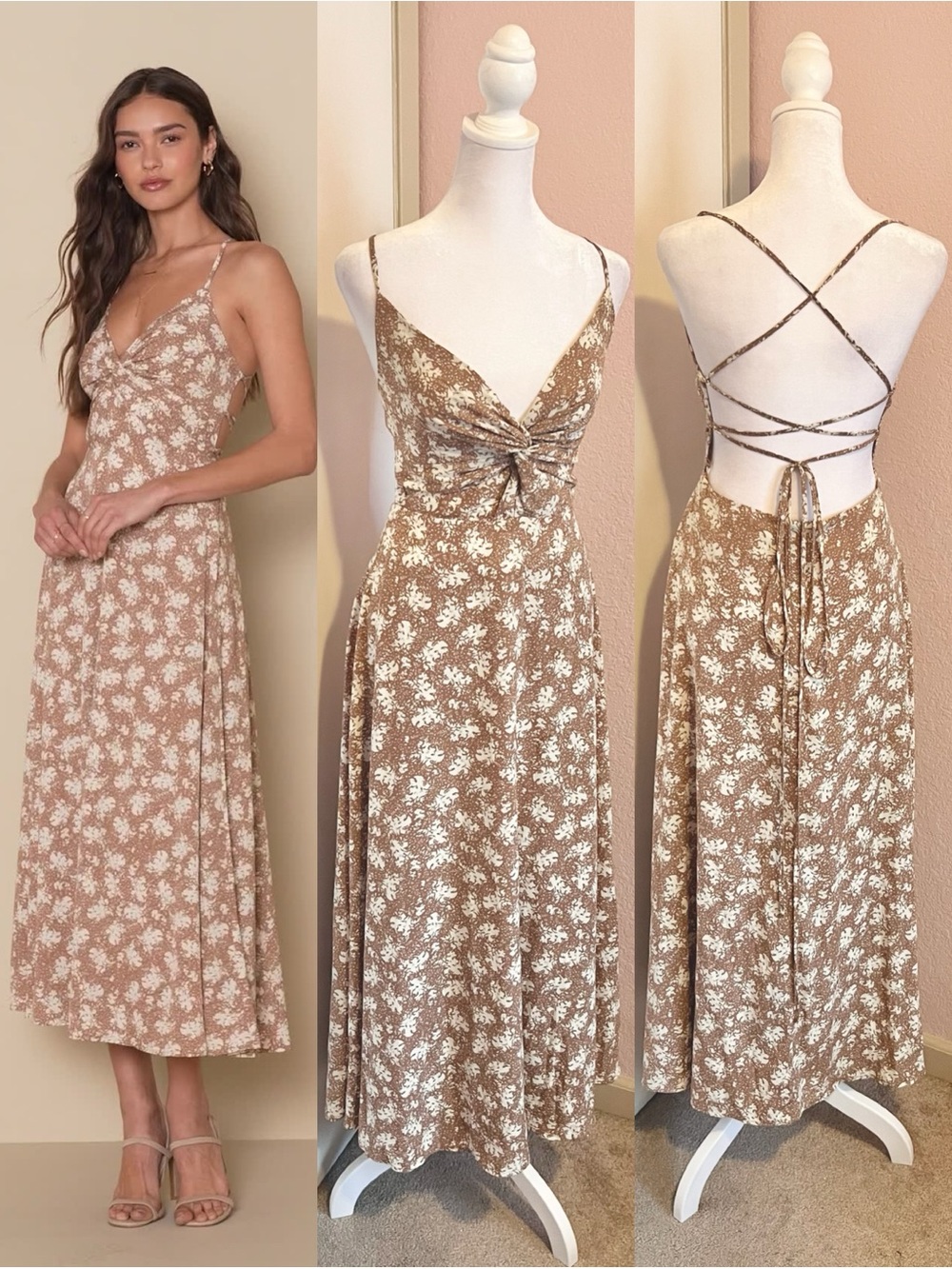 Picturesque Moments Light Brown Floral Print Strappy Maxi Dress by Lulus
